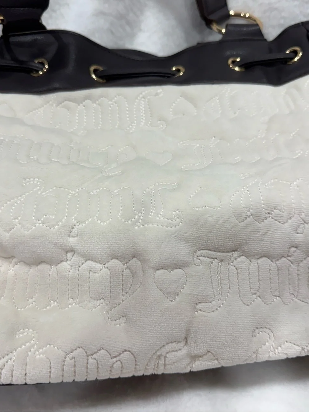 NWT Juicy Couture Cream Quilted Tote with Pink Heart Charm and Brown Trim